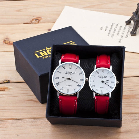 Couple Watches Pair Men And Women Gloss Glass Leather Fashion Lovers Wristwatch Red Luxury Watch Set for Valentine's Day Gift