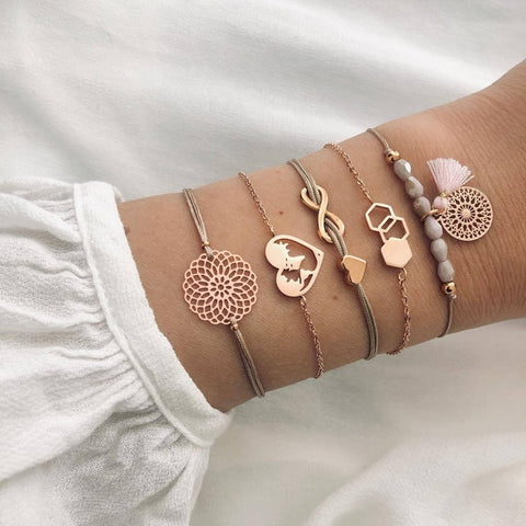 Boho Rose Map Bracelets & Bangles for Women Bohemian Round Beaded Charm Bracelet Set Fashion Multilayer Accessories 2019 Bijoux