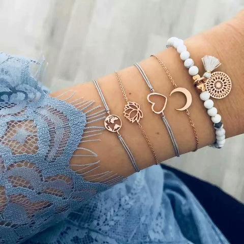 Boho Rose Map Bracelets & Bangles for Women Bohemian Round Beaded Charm Bracelet Set Fashion Multilayer Accessories 2019 Bijoux