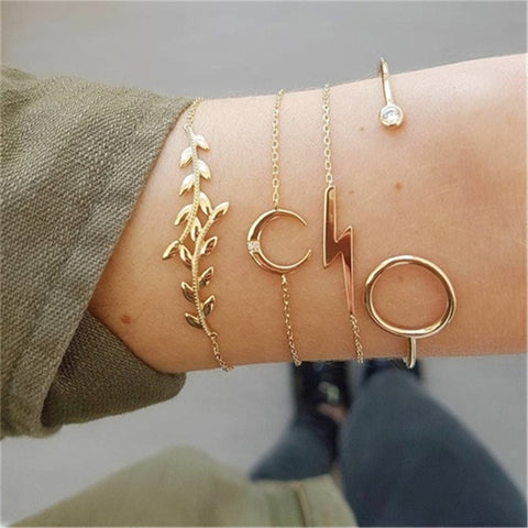 4 pcs/set Fashion Bohemia Leaf Round Knot cuff Bangle Gold Chain Charm Bracelet Bangle for Women Simple Geometric Bracelets