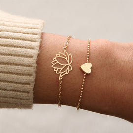 2Pcs Female Gold Bracelet Personality Hollow Lotus Flower Bracelets Christmas Gift Heart Bracelet For Women Bracelets