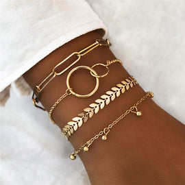 LETAPI 4 Pcs/Set Vintage Geometric Arrow Metal Chain Gold Color Bracelets for Woman Bohemian Beach Bangle Jewelry