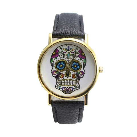Top Skull Women Watch Mexican Catrina Flowers Cross Pu Leather wristwatch Girl Vintage Fashion casual geneva style Reloj