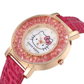 Hello Kitty Kids Watch Cute pattern Pink Rhinestones Cartoon Children Watch High Quality Leather Strap Quartz Clock Girls Gift