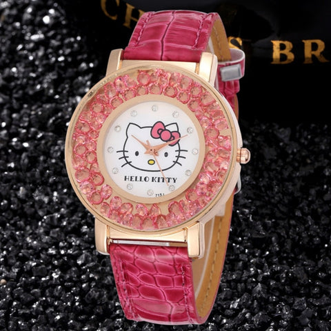 Hello Kitty Kids Watch Cute pattern Pink Rhinestones Cartoon Children Watch High Quality Leather Strap Quartz Clock Girls Gift