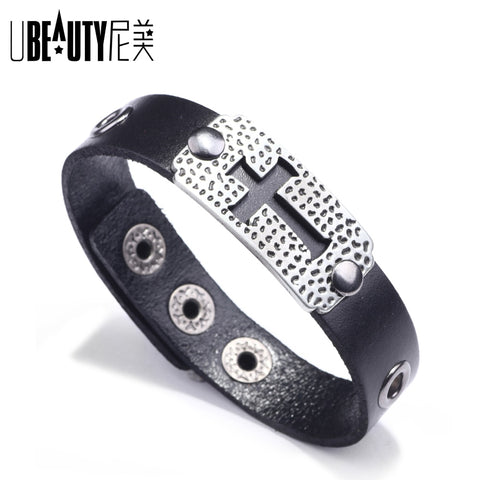 UBEAUTY 2020 new cross leather bracelet Alloy accessory man's Christ bracelet Black brown woman's religious bracelets