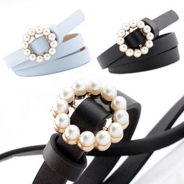 Fashion Belts For Women Casual Sweet Long Round Pearl Buckle Decorative Thin PU Leather Belt Waistband