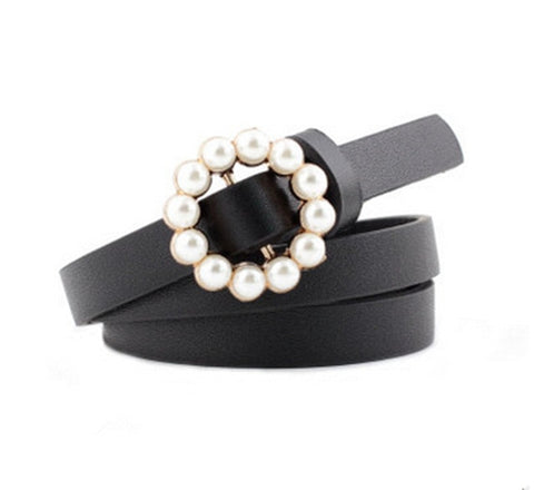 Fashion Belts For Women Casual Sweet Long Round Pearl Buckle Decorative Thin PU Leather Belt Waistband