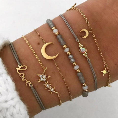 DIEZI Bohemian Grey Pink Rope Chain Bracelets Bangles For Women Star Ocean Moon Color Heart Charm Bracelets Sets Jewelry Gifts